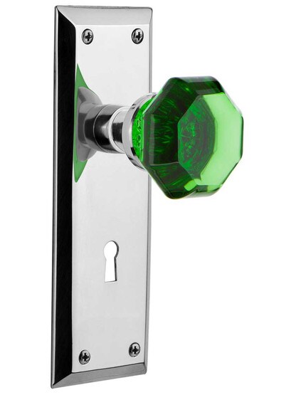 New York Mortise Lock Set with Colored Waldorf Crystal Glass Knobs Emerald in Polished Chrome.